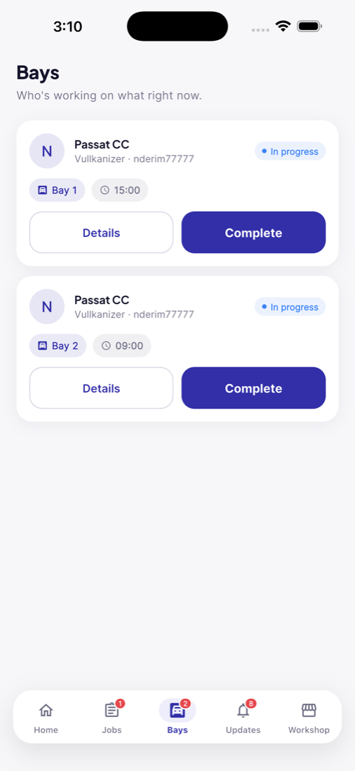 Active workshop bays on mobile