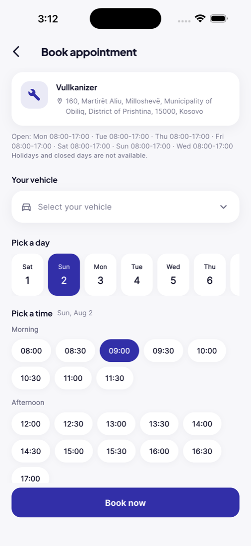 MekAuto appointment booking screen