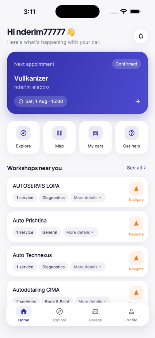 MekAuto driver home screen