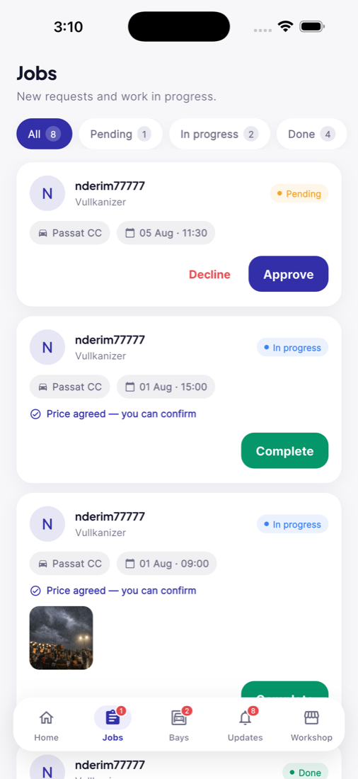 Workshop jobs on mobile