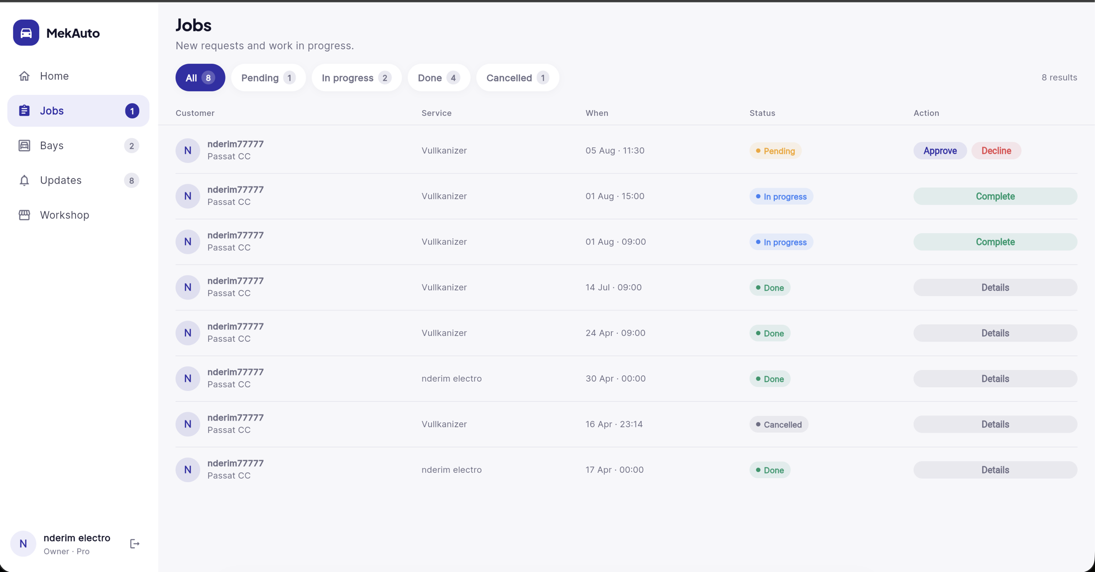 MekAuto web dashboard listing workshop jobs and their statuses